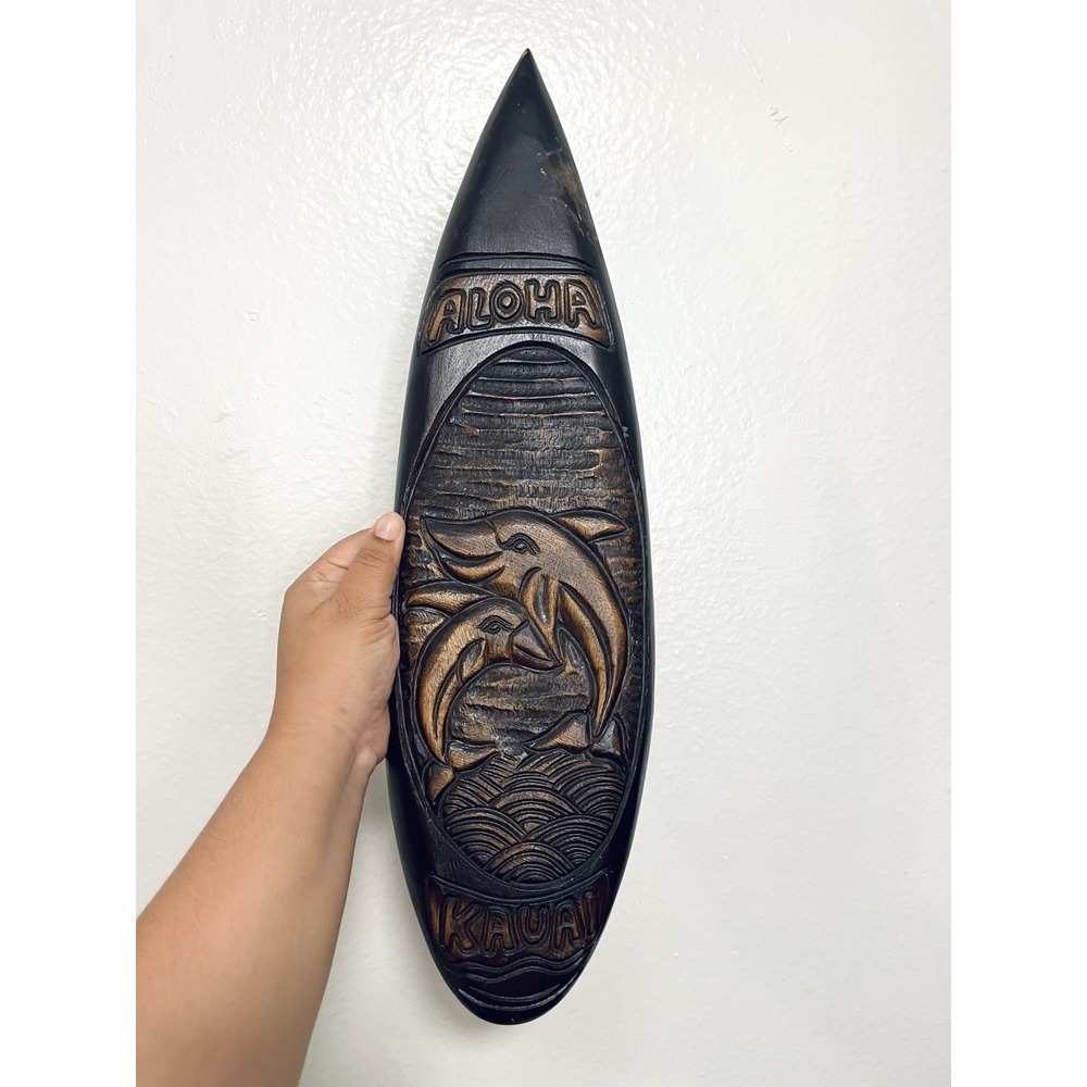 Hawaii Hand Carved Wood Wall Surfboard Dolphin, Seascape Aloha Kauai‎ 20 Inches